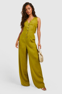 Linen Look Button Front Jumpsuit - Green - 16 product