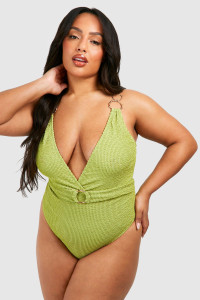 Plus Crinkle Ring Detail Plunge Swimsuit - Green - 16 product