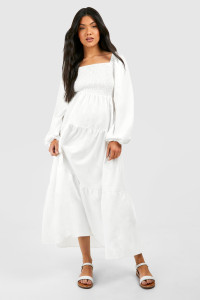 Maternity Shirred Poplin Midaxi Dress - White - 14 product
