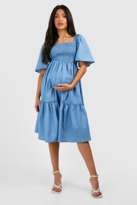 Maternity Shirred Chambray Midi Smock Dress - Blue - 10 product