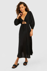 Linen Tie Front Puff Sleeve Midaxi Dress - Black - 8 product