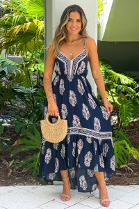 Navy Printed V-Neck High Low Dress product