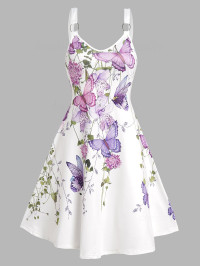 Dresslily Women Butterfly Flower Leaf Print Cottagecore Dress Sleeveless O Ring Strap V Neck A Line Dress Clothing M Light purple product