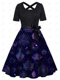 Dresslily WomenFRDresslily Femme Plus Size Dress Moon Flower Geometric Galaxy Print Crossover Back Bowknot Belted A Line Midi Dress Clothing Online  product