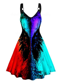 Dresslily Women Gothic Dress Colorblock Wings Print O-ring Strap Sleeveless High Waisted V Neck A Line Midi Dress Clothing Xl Multicolor product