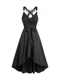 Dresslily Women Crossover Dress Self Belted Bowknot Tied Butterfly Lace High Waisted A Line Midi Dress Clothing Xxl Black product
