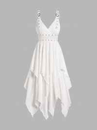 Dresslily Women Plain Color Layered Dress Grommet Plunging Neck Empire Waist Adjustable Strap Asymmetrical Midi Dress Clothing Xl White product