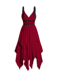 Dresslily Women Plain Color Layered Dress Grommet Plunging Neck Empire Waist Adjustable Strap Asymmetrical Midi Dress Clothing Xxl Deep red product