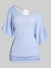 Dresslily Fashion Women Plus Size&Curve Contrast Lace Panel Cutout Tee Clothing 4x / us 26-28 Light blue product