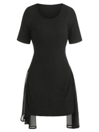 Dresslily Women Plain Ribbed Tee Dress Knitted Chiffon Panel Zipper Solid Color Asymmetrical T-shirt Dress Clothing 2xl Black product