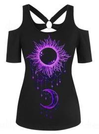 Women Cold Shoulder Cut Out T-shirt Sun And Moon Print O Ring Short Sleeve Tee Clothing S Black product