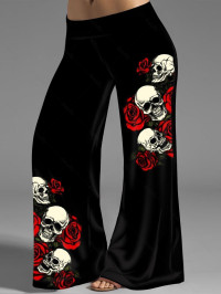 Women Plus Size Halloween Wide Leg Pants Skull and Rose Print Middle Waist Pants Clothing Online 5x Black product