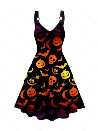 Dresslily WomenFRDresslily Femme Plus Size Halloween Dress Skull and Bat Print Sleeveless O Ring A Line Midi Dress Clothing Online 1x Multicolor a product