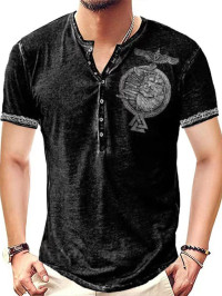 Men T-Shirts Vintage T Shirt Eagle Badge Print Half Button Short Sleeve Round Neck Casual Summer Tee Clothing Online L Gray product