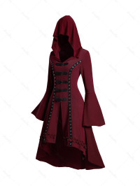 Dresslily Women Grommet Gothic Hooded Top High Low Hem Buckle Flare Sleeve Frilled Top Clothing Xl Deep red product