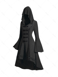 Dresslily Women Grommet Gothic Hooded Top High Low Hem Buckle Flare Sleeve Frilled Top Clothing L Dark gray product