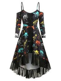 Dresslily Women Vintage Gothic Dinosaur Dress Print Cutout Cold Shoulder High Low Chiffon Flounce Guipure Lace Insert Dress Clothing M Black product