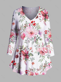 Dresslily Fashion Women Plus Size & Curve Flower Allover Print Cottagecore T-shirt Long Sleeve V Neck Tee Clothing 5x / us 24 White product