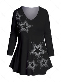 Dresslily Fashion Women Plus Size & Curve Full Sleeve T-shirt Sparkle Star Print V Neck Long Tee Clothing 4x / us 22 Black product