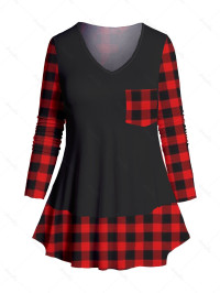 Dresslily Fashion Women Plus Size Plaid Print T-shirt Long Sleeve V Neck Curved Hem Casual Tee Clothing 4x / us 22 Red product