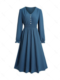Dresslily Women Smocked Waist Dress Plain Color Mock Button V Neck Casual Midi Dress Clothing Xl Deep blue product