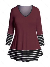 Dresslily Women Plus Size & Curve Long Sleeve T-shirt Stripe Print Panel V Neck Casual Tee Clothing Online 2x / us 18 Deep red product