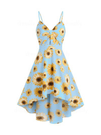 Women Vacation Sunflower Print Sundress Spaghetti Strap Summer High Low A Line Dress Clothing M Light blue product