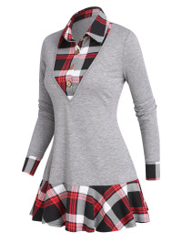 Women Casual Faux Twinset T Shirt Plaid Print Button Skirted Turn Down Collar Long Sleeve Tee Clothing Xxl Gray product