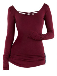 Dresslily Women Long Sleeve Solid Color Top Crisscross Ruched Rivets Applique Casual Top Clothing Xl Deep red product