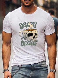Men T-Shirts Skull and Letter Print T Shirt Cotton Round Neck Casual Tee Clothing Online L White product