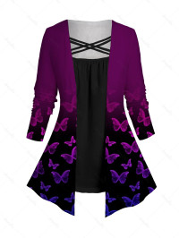 Dresslily Fashion Women Plus Size Butterfly Print Top Ombre Crisscross Faux Twinset Top Clothing L / us 12 Multicolor a product