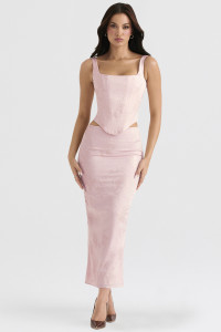 'Luisette' Pink Metallic Floral Satin Midi Skirt product