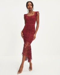Dare To Be You Crochet Lace Ruffle Midi Dress - Wine product