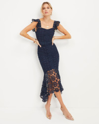 Dare To Be You Crochet Lace Ruffle Midi Dress - Navy product