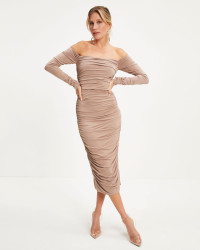 Twas The Night Drape Off The Shoulder Midi Dress - Taupe product