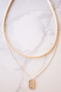 Gold Rhinestone Dog Tag Layered Chain Necklace product