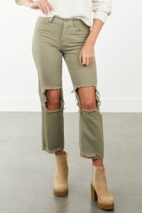 Light Olive Distressed Knee Boyfriend Jeans product