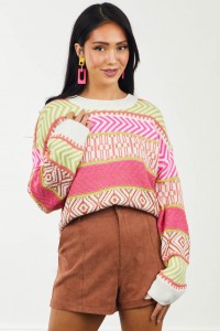 Neon Pink Multi Pattern Drop Shoulder Sweater product