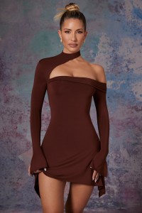 Asymmetric High Neck Mini Dress in Brown product