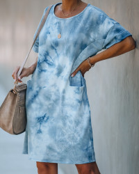 Smiley Pocketed Tie Dye T-Shirt Dress - Blue - FINAL SALE product