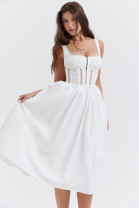 'Perle' White Lace Trim Midi Dress product