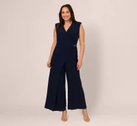 PLUS SIZE SLEEVELESS JERSEY WIDE LEG JUMPSUIT WITH SHAWL NECKLINE IN MIDNIGHT product