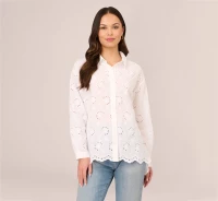 BUTTON DOWN EYELET TOP WITH LONG SLEEVES IN WHITE product