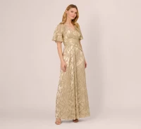 FOIL LEAF SHORT SLEEVE GOWN WITH DRAPED DETAILS IN CHAMPAGNE GOLD product