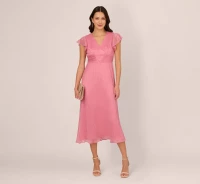 CRINKLE MESH MIDI DRESS WITH FLUTTER SLEEVES IN FADED ROSE product
