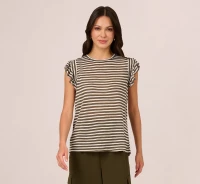 STRIPED TEE WITH RUFFLE SLEEVES IN DK GREEN WHITE product