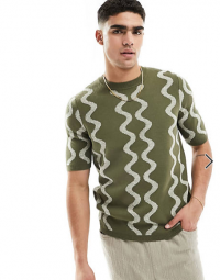 ASOS DESIGN knitted crew neck t-shirt in textured khaki wiggle pattern product