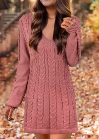 Crochet V-Neck Long Sleeve Sweater Dress - Cameo Brown product