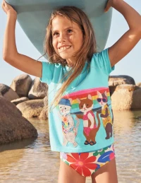 Short-sleeved Appliqué T-shirt Turquoise Surfing Cats product
