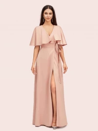 Elegant Bat Sleeves V-Neck Side Slit Long Soft Satin Bridesmaid Dresses product